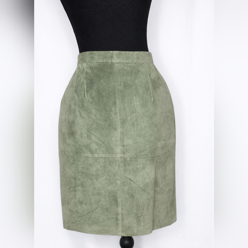 Smith & Watson 100% Suede Sage Green Pencil Skirt | Petite 10 | Soft Lined